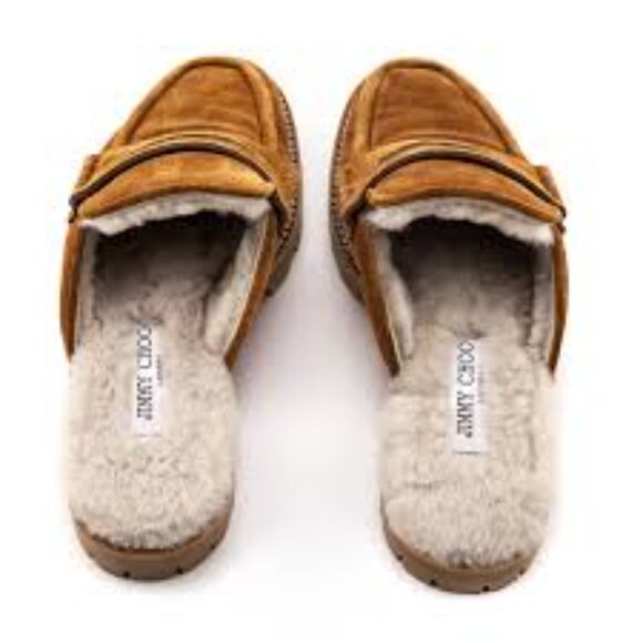 Jimmy Choo Tan Suede Crystal Embellished Shearling Mules - Picture 3 of 11